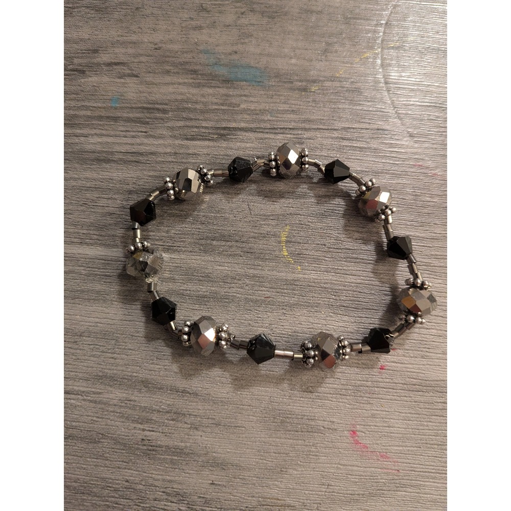 Handcrafted Beaded Stretch Bracelet Black Silver Faceted Glass Crystal Beads